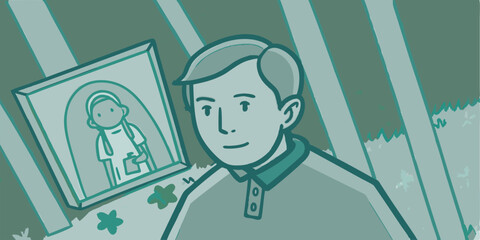 A man contemplating a portrait with a simple stylized illustration in nature