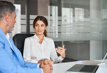 Busy business woman professional bank manager lawyer attorney consulting client on finances...