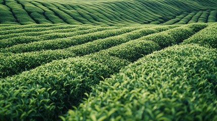 Lush green tea bushes stretching into the horizon creating a tranquil rolling tapestry of nature under a soft morning