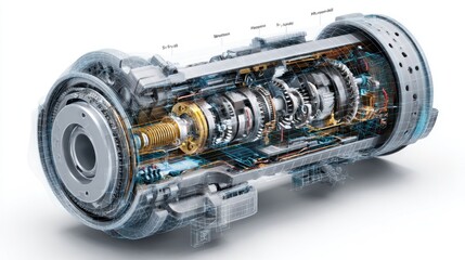 Detailed cutaway view of an advanced transmission system.  Internal components clearly labeled and highlighted