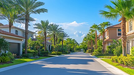 Serene neighborhood street lined with palm trees on a bright day with luxurious homes and clear blue skies in high
