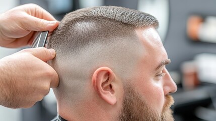 Obraz premium Side view of a man with a mid fade and a well-groomed beard, getting a precision line-up from a professional barber. 