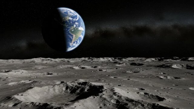 Earth rising above lunar horizon