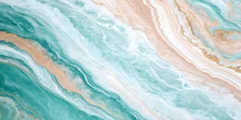 Beautiful transition from mint green to peachy coral tones, featuring fluid marble patterns with golden veining and soft gradient color blending