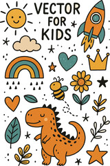 Hand-drawn trendy vector illustration for kids featuring a whimsical scene of cute animals (like fox, bear, and bunny) playing together in a magical forest