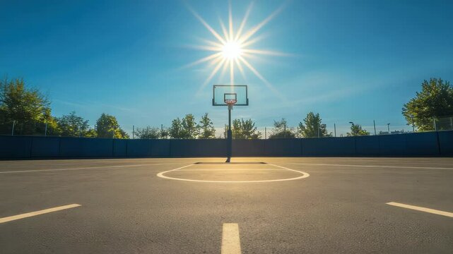 Golden hour tranquility at the local outdoor basketball court under the bright sun
