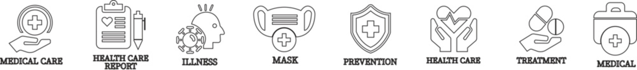 Health care line art icon set.Vector illustration in modern style health related icon mental health, healthcare, medical, wellbeing, meditation, lifestyle, Medical Exam, Medicine, Hospital and more.