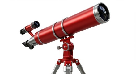 Red refracting telescope on tripod stand
