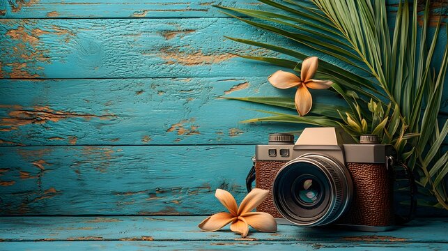 Vintage Camera and Colorful Flowers on Wooden Table