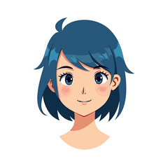 Anime Style Portrait Illustration of a Smiling Young Woman with Short Blue Hair and Fair Skin