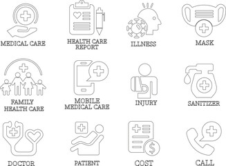 Health care line art icon set.Vector illustration in modern style health related icon mental health, healthcare, medical, wellbeing, meditation, lifestyle, Medical Exam, Medicine, Hospital and more.