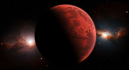 Reddish Mars-like planet in space with starry nebula background.