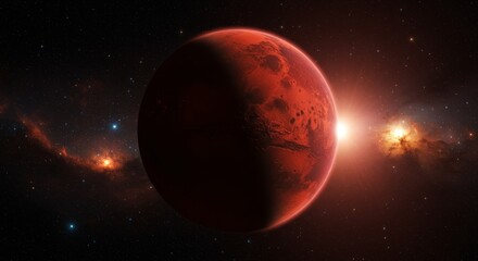 Obraz premium Reddish Mars-like planet in space with starry nebula background.