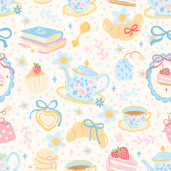 Vintage Tea Party Clipart Seamless Pattern, Teapot, Cupcake, Books, Heart Locket, Strawberry Cake, Cozy Cottagecore Style