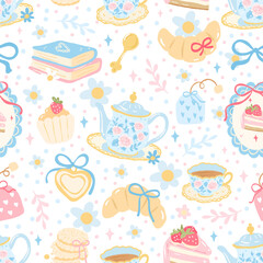 Vintage Tea Party Clipart Seamless Pattern, Teapot, Cupcake, Books, Heart Locket, Strawberry Cake, Cozy Cottagecore Style