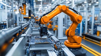 Advanced Manufacturing Precision Robot Arm Technology in Action Automated Assembly Line Electronics Production