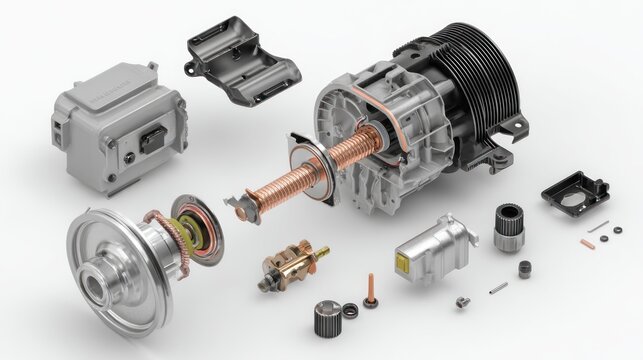 Detailed exploded view of an electric motor and compressor assembly