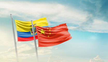 Ecuador China friendship flags are waving in the sky. Two country flag for agreement or deal....