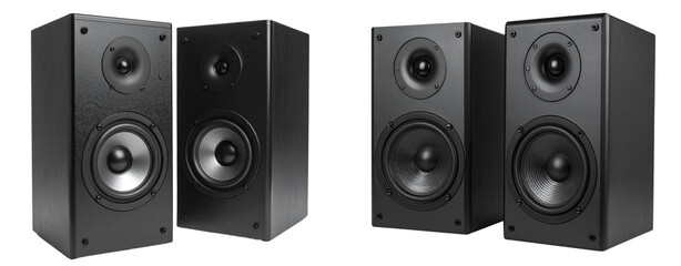 Fototapeta premium Modern Black Stereo Audio Speakers Pair Isolated on White PNG