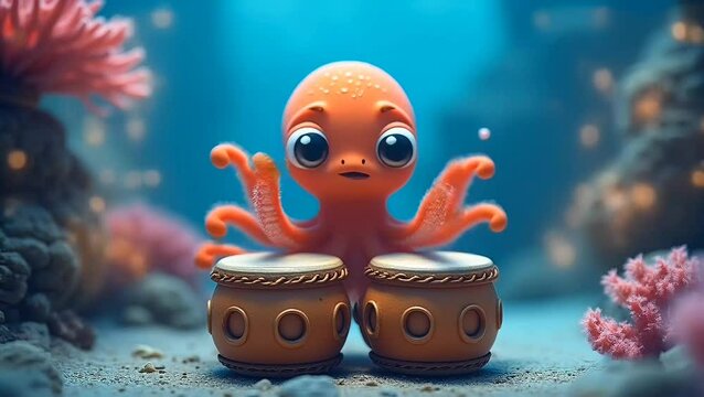 Cartoon octopus playing bongo drums underwater while surrounded by colorful coral and soft sea floor in clear ocean scene.