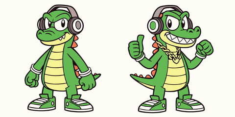 Cartoon alligator character wearing headphones in two poses on white background