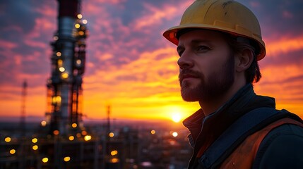 silhouette of engineer inspecting drill at sunrise