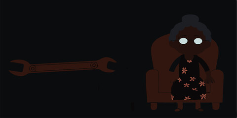 Cartoon illustration of a granny with glasses seated alongside a wrench silhouette