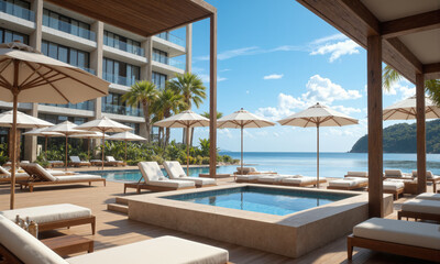 Fototapeta premium Luxury Beachside Resort with Private Jacuzzi and Lounge Area A luxury beachside resort featuring a private Jacuzzi surrounded by lounge chairs and umbrellas,