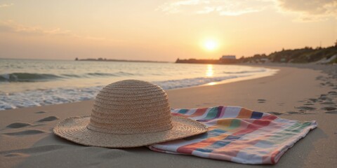 Ocean Breeze, Sunhat and Towel, Seaside Relaxation A sunhat resting on a colorful towel spread out on the sand