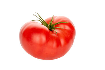 One pink tomato on a white background, close-up.
