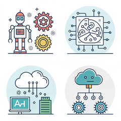 Modern technology and artificial intelligence concepts illustrated with fun and colorful vector icons