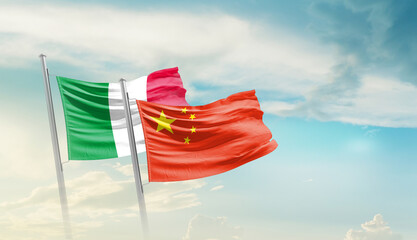 Italy China friendship flags are waving in the sky. Two country flag for agreement or deal. Italy...