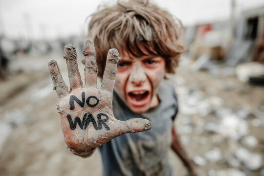 The anger and cries of a child protesting against war. A boy's hand writes the message "NO WAR" to stop war