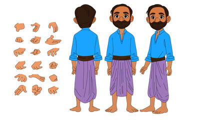 Indian man character model sheet front to back all view 3