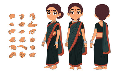 Indian girl character model sheet front to back all view