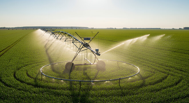 Modern center-pivot irrigation system watering green crops against bright sunlit landscape