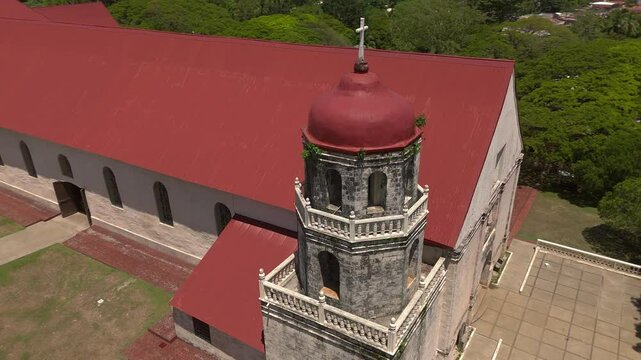 Aerial circling shot of the Lazi church bell tower.