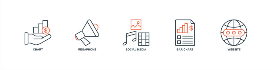 Digital Marketing banner web icon sheet vector illustration concept with icon of chart, megaphone, social media, bar chart, website