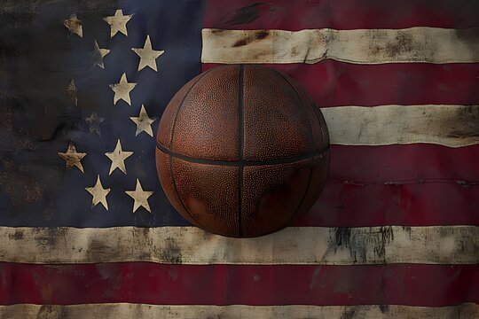 A vintage basketball resting on a weathered American flag evoking nostalgia and patriotic spirit Dark textured background with warm brown and