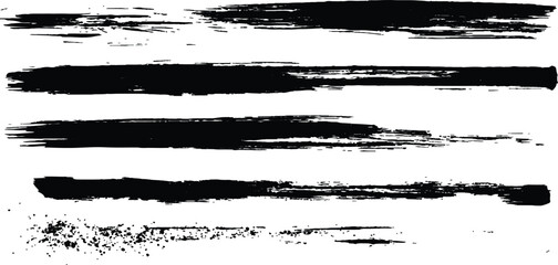 All brush strokes are isolated on white background. Vector horizontal black brush lines of differing thicknesses, demonstrating bold and striking linear artistic elements.
