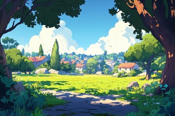 Vibrant Cartoon Park Scene: Lively Glade and Townscape Amidst a Sunny Landscape