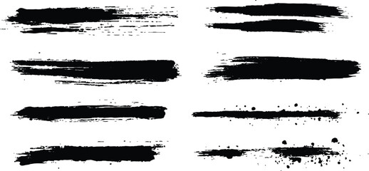 All brush strokes are isolated on white background. Vector horizontal black brush lines of differing thicknesses, demonstrating bold and striking linear artistic elements. © Design House