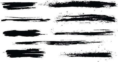 All brush strokes are isolated on white background. Vector horizontal black brush lines of differing thicknesses, demonstrating bold and striking linear artistic elements.