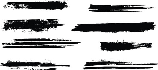 All brush strokes are isolated on white background. Vector horizontal black brush lines of differing thicknesses, demonstrating bold and striking linear artistic elements.