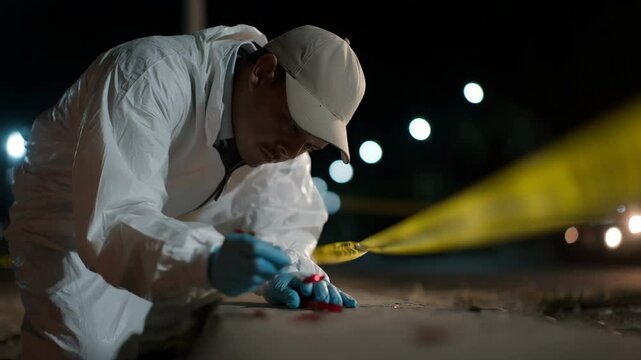 Forensic Investigator in White Suit Examines Evidence at Crime Scene During Night, Showcasing Detail and Professionalism in Tense Atmosphere