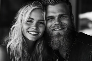Joyful Duo: Young Happy Smiling Couple with Beard, Exuding Love and Emotion
