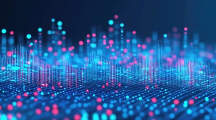 Abstract digital landscape with glowing particles and lines, depicting data flow and connectivity