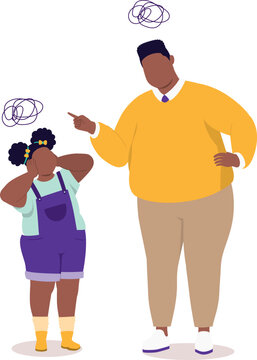 Angry Plus Size Black Father Scolding His Little Daughter. Rebellious Little Girl Do Not Want To Listen To Her Father.