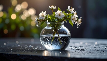 Clear vase with tiny water droplets on a slate surface, catching soft ambient light with quiet sparkles across the backdrop