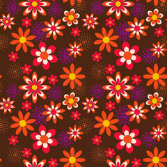 Cute flowers in retro style on brown background seamless vector pattern